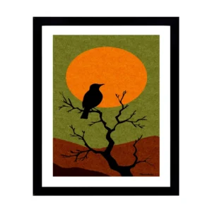 Bird on Branch with Orange Sun